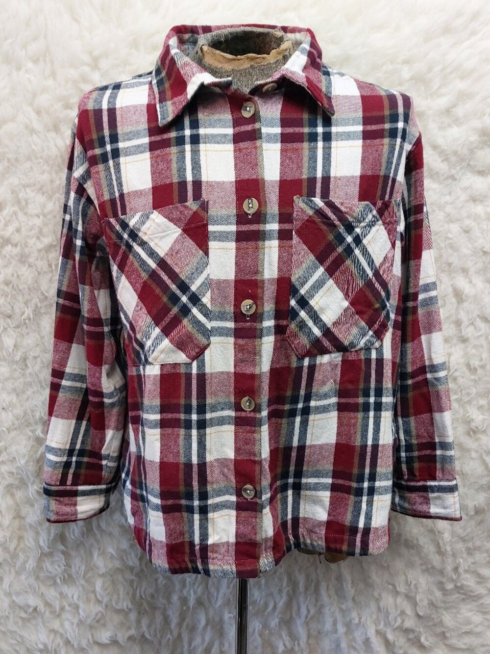 Lucky Brand Men's Classic Red, White, and Navy Plaid Flannel Shirt L
